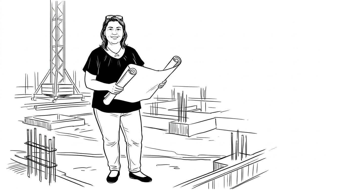 Tina Meredith on a construction site reviewing building plans